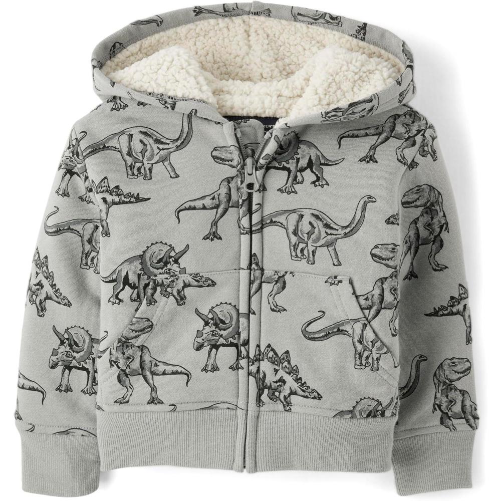 imageThe Childrens Place And Toddler Long Sleeve Sherpa Lined Zipfront Hoodie SweatshirtGrey Dino