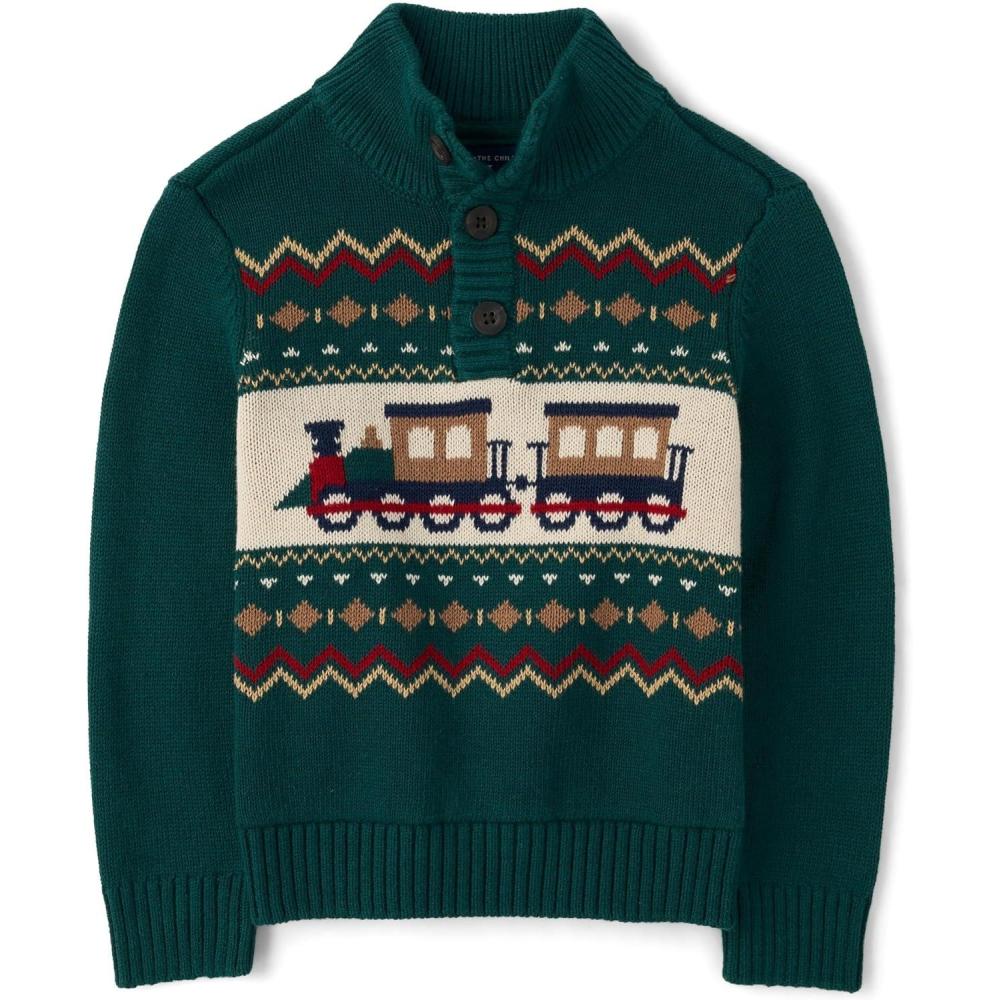 imageThe Childrens Place Baby Boys and Toddler Long Sleeve Mock Neck Pullover SweaterBalt Green Train