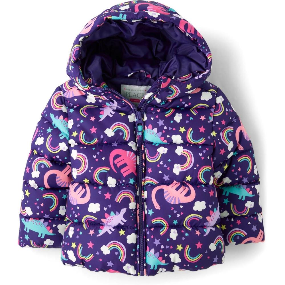imageThe Childrens Place Baby and Toddler Girls Medium Weight WindResistant WaterResistant Puffer JacketPurple Dinos
