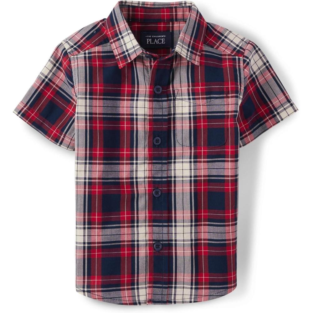 imageThe Childrens Place BabyBoys and Toddler Boys Poplin Short Sleeve Button Down ShirtApple Red Plaid