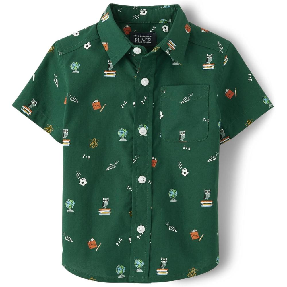 imageThe Childrens Place BabyBoys and Toddler Boys Poplin Short Sleeve Button Down ShirtGreen School Print