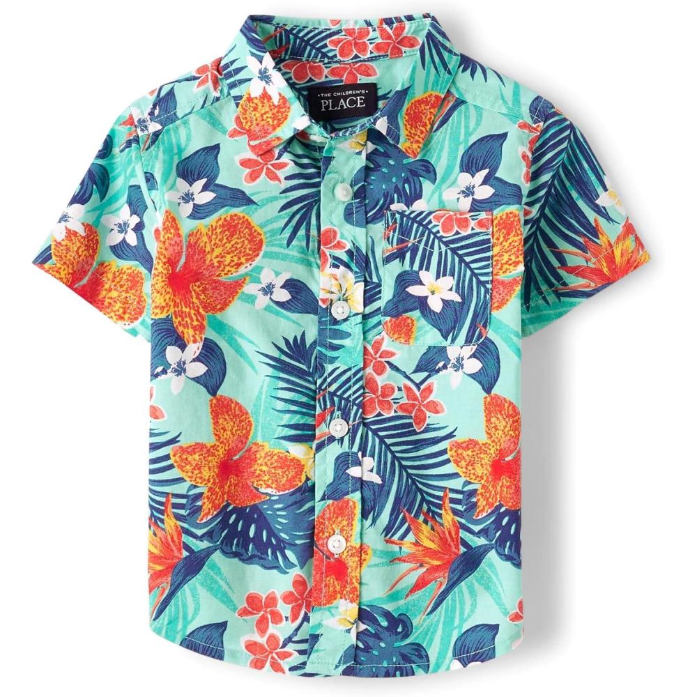 imageThe Childrens Place BabyBoys and Toddler Boys Poplin Short Sleeve Button Down ShirtMellow Aqua Tropical