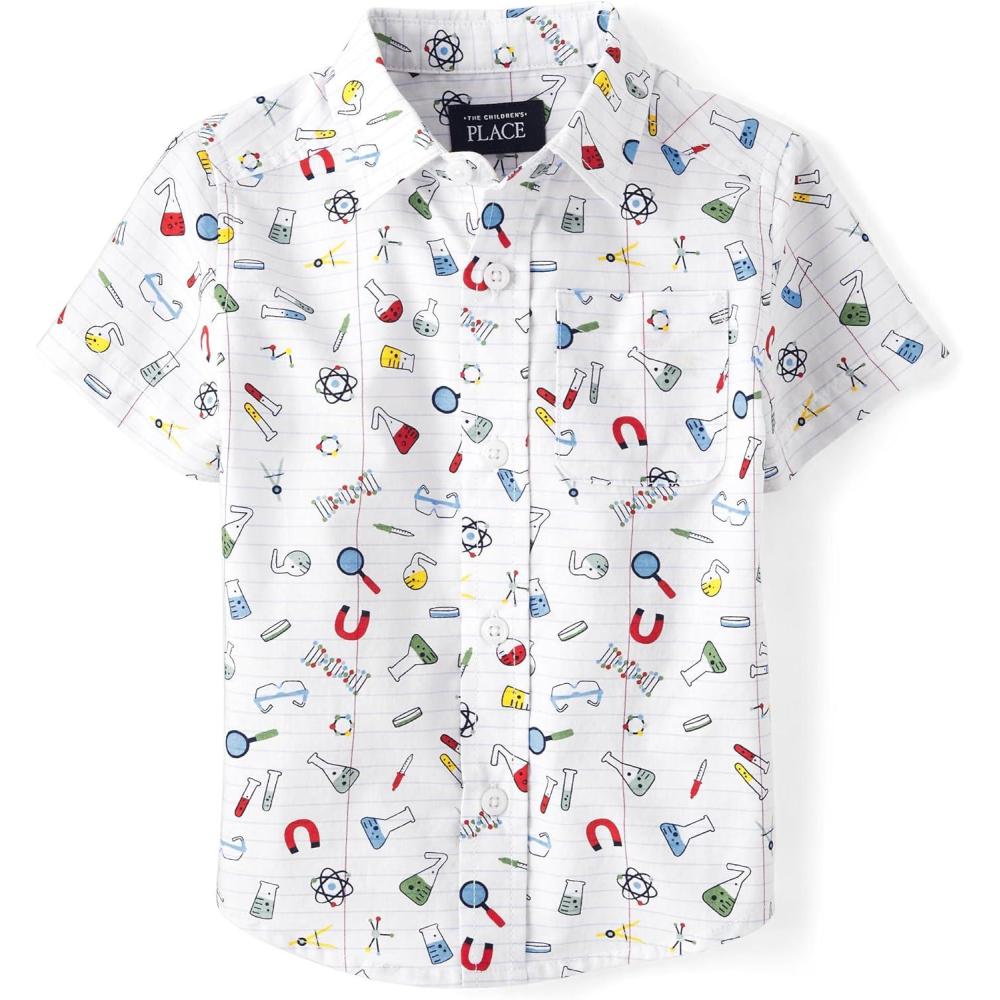 imageThe Childrens Place BabyBoys and Toddler Boys Poplin Short Sleeve Button Down ShirtWhite School Doodle