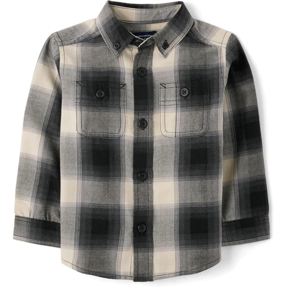 imageThe Childrens Place BabyBoys and Toddler Long Sleeve Button Down ShirtBlack Buff