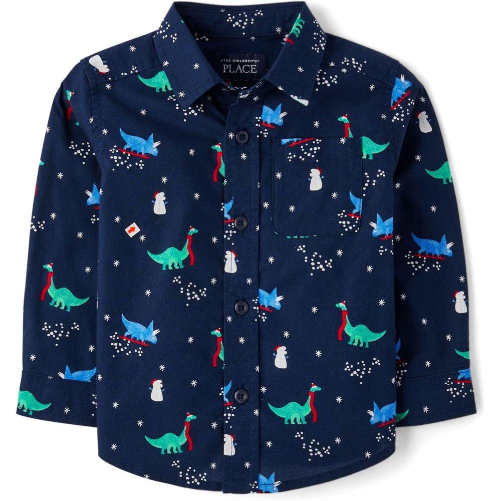 imageThe Childrens Place BabyBoys and Toddler Long Sleeve Button Down ShirtHoliday Dinosaurs