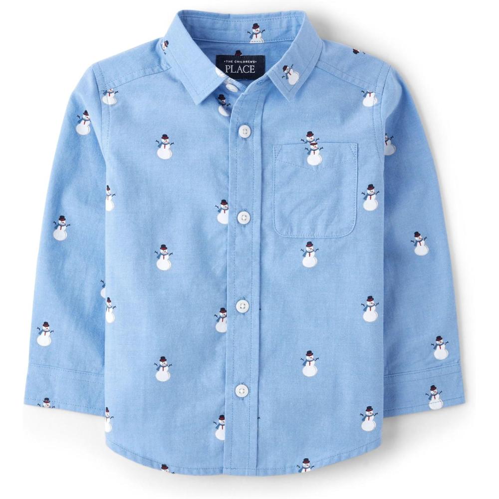 imageThe Childrens Place BabyBoys and Toddler Long Sleeve Button Down ShirtSnowmen Print