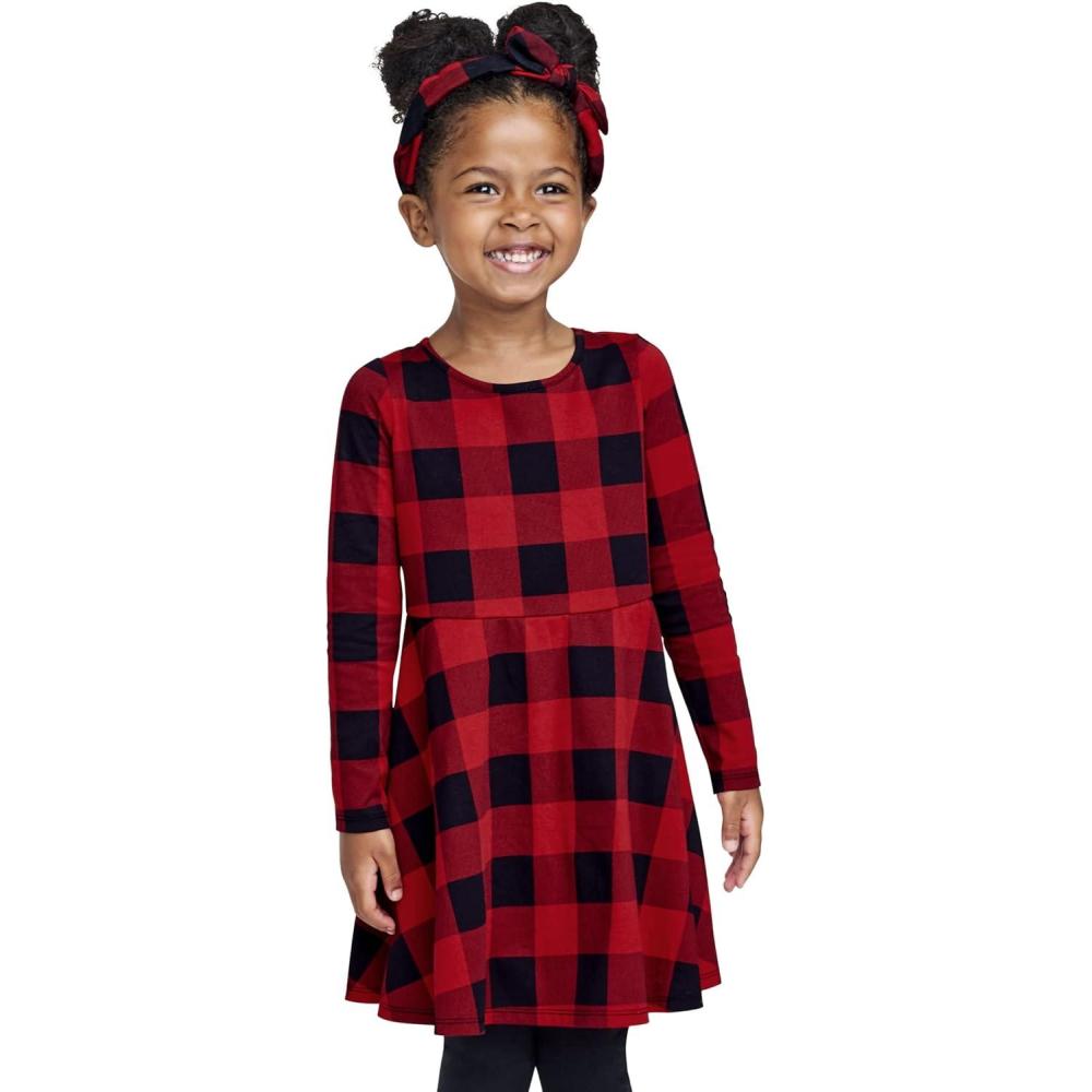 imageThe Childrens Place BabyGirls and Toddler Skater Dress Long SleeveClassic Red Bufflo Plaid Single