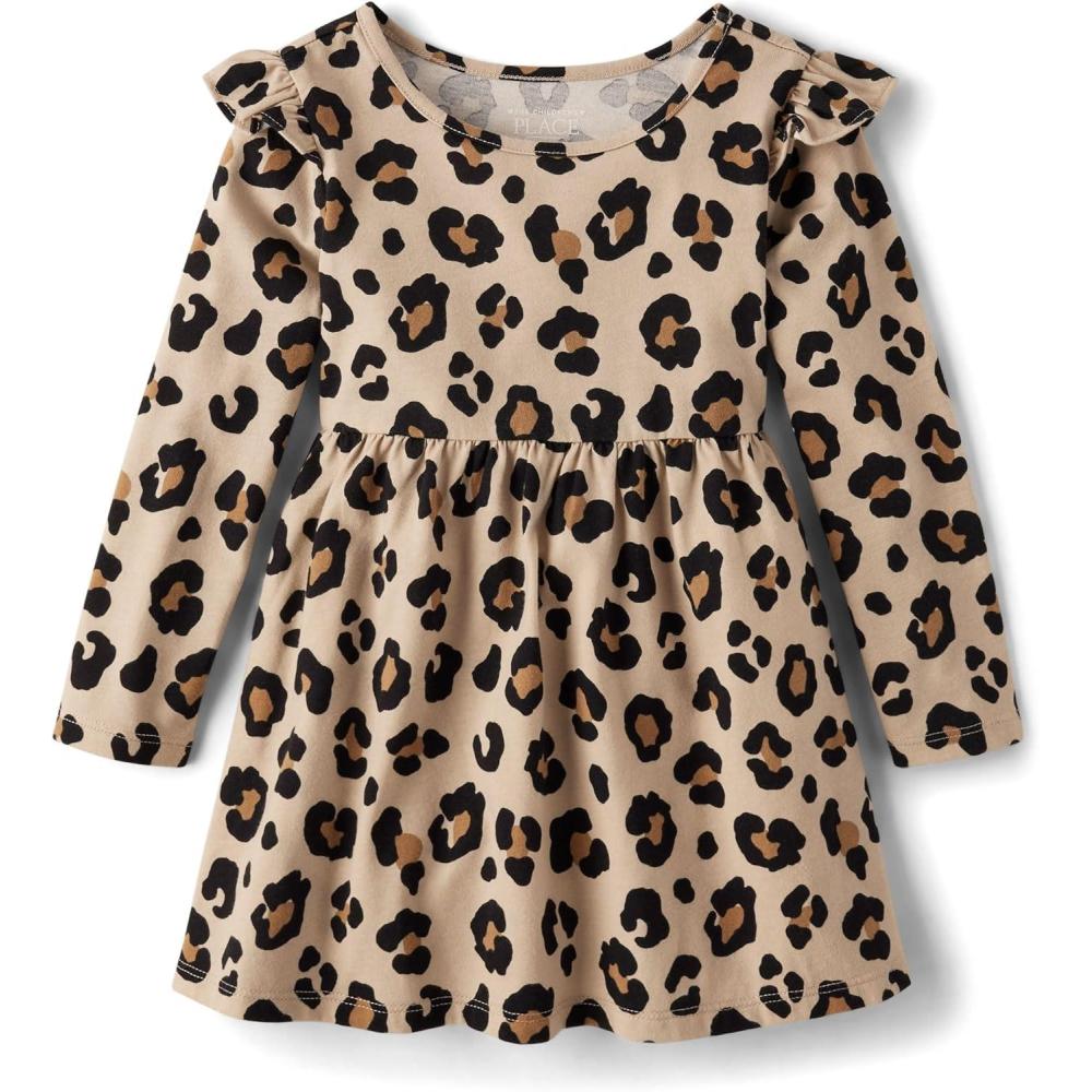imageThe Childrens Place BabyGirls and Toddler Skater Dress Long SleeveLatte Leopard Flutter