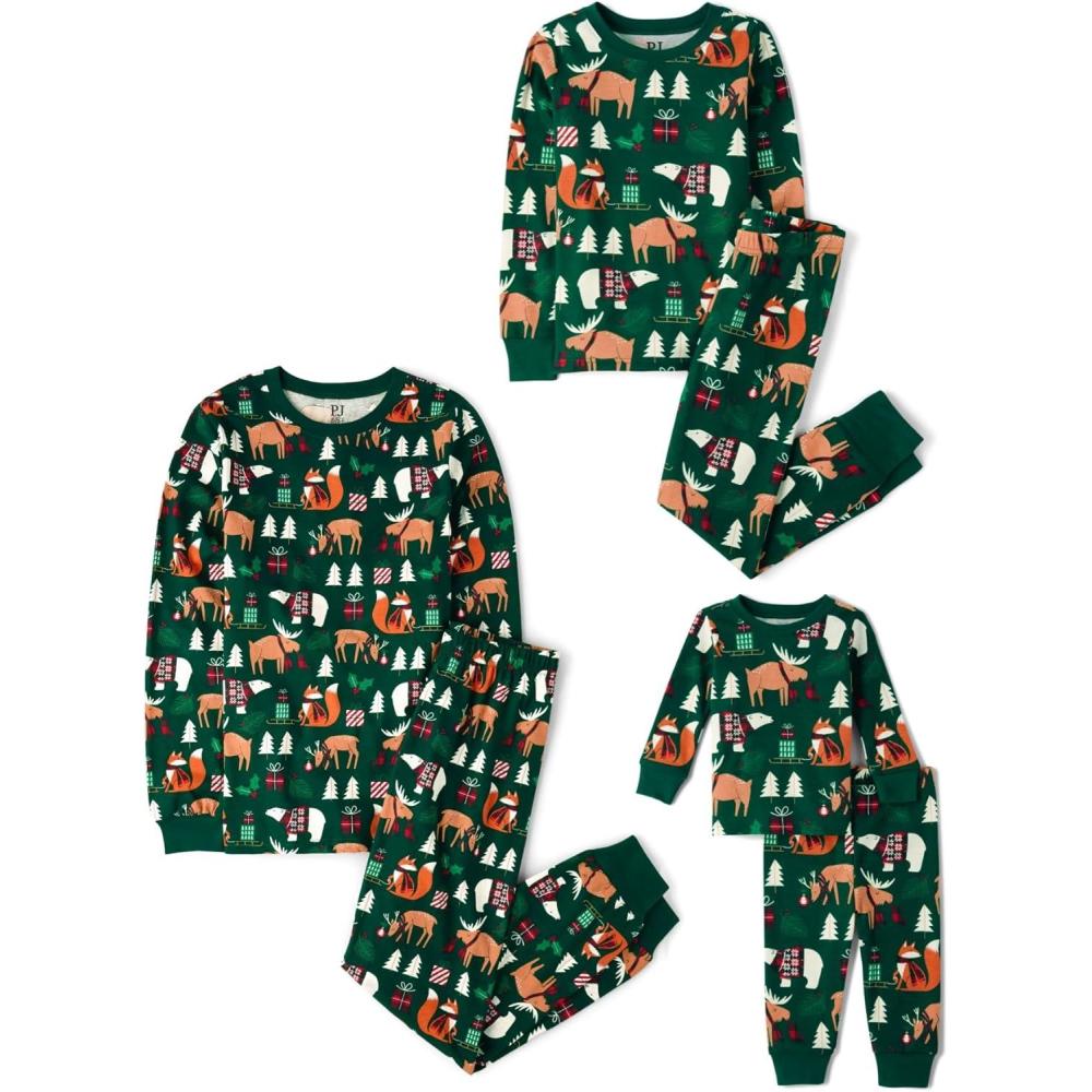 imageThe Childrens Place Family Matching Christmas and Holiday Pajama Sets CottonGreen Christmas Woodland Animals