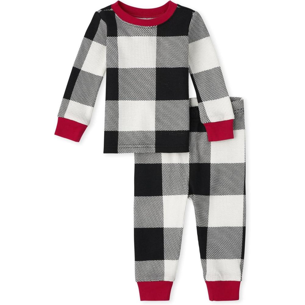 imageThe Childrens Place Family Matching Plaid Waffle 2 Piece Pajama SetsBlackWhite Check