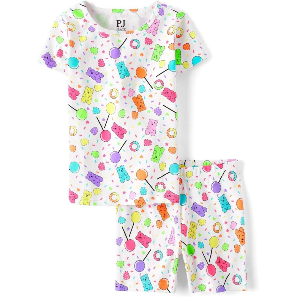 imageThe Childrens Place Girls 100 Cotton Sleeve Top and Shorts 2 Piece Pajama SetCandy Print