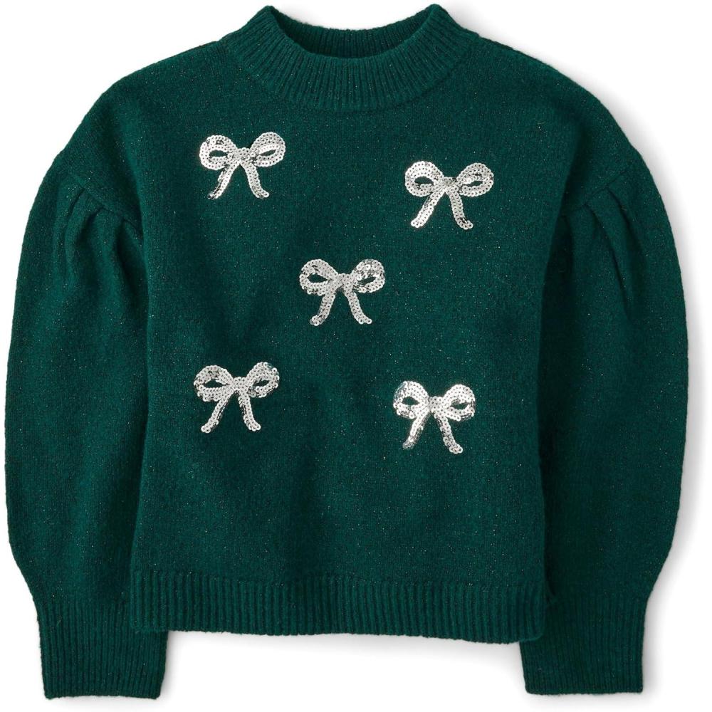 imageThe Childrens Place Girls Long Sleeve Crew Neck Pullover SweaterBalt Green Bows