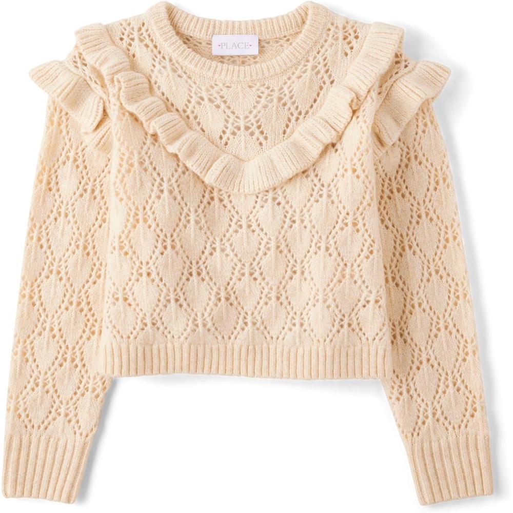 imageThe Childrens Place Girls Long Sleeve Crew Neck Pullover SweaterBeige Ruffle