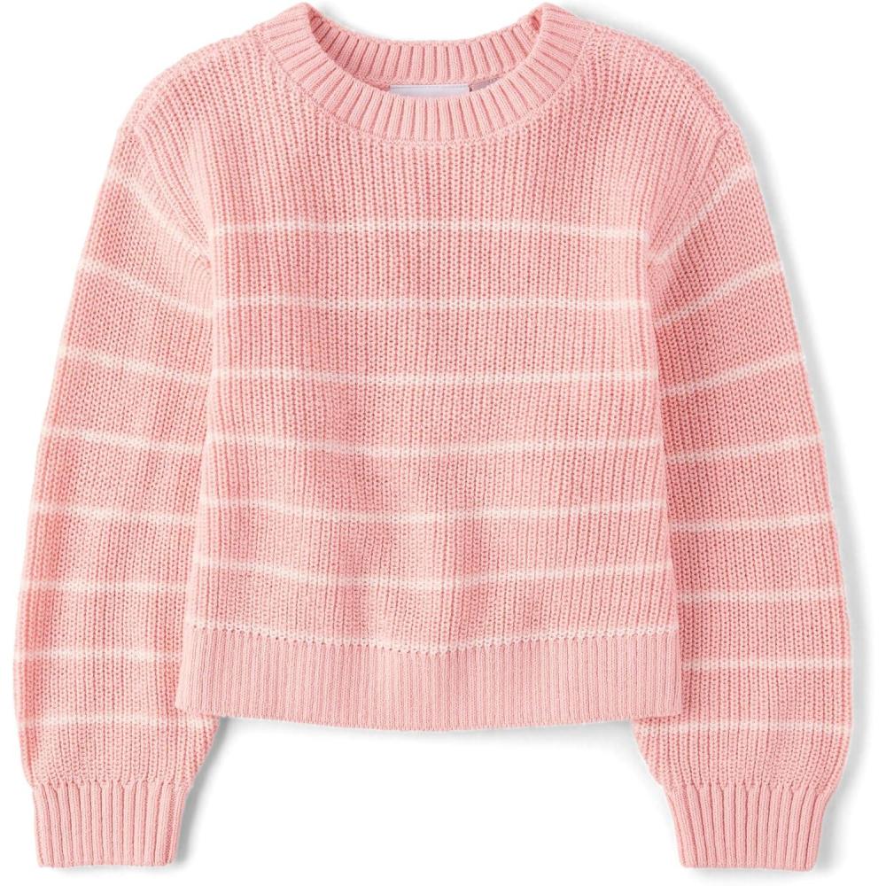 imageThe Childrens Place Girls Long Sleeve Crew Neck Pullover SweaterFuzzy Pink Stripe