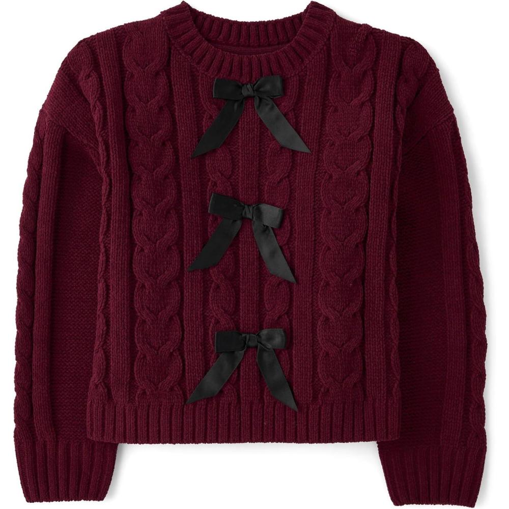 imageThe Childrens Place Girls Long Sleeve Pullover Cable Knit SweaterSugar Beet Bow