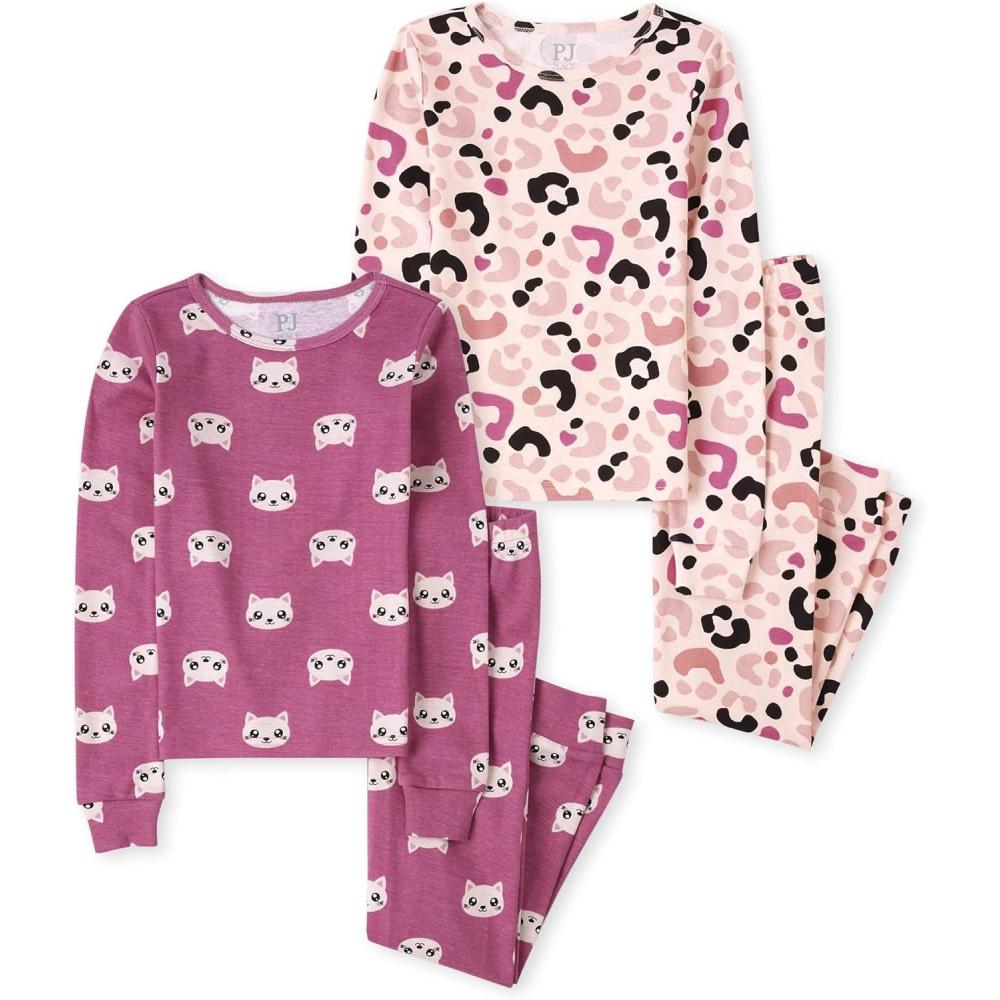 imageThe Childrens Place Girls Long Sleeve Top and Pants Pajama SetsLeopardCats 2pack