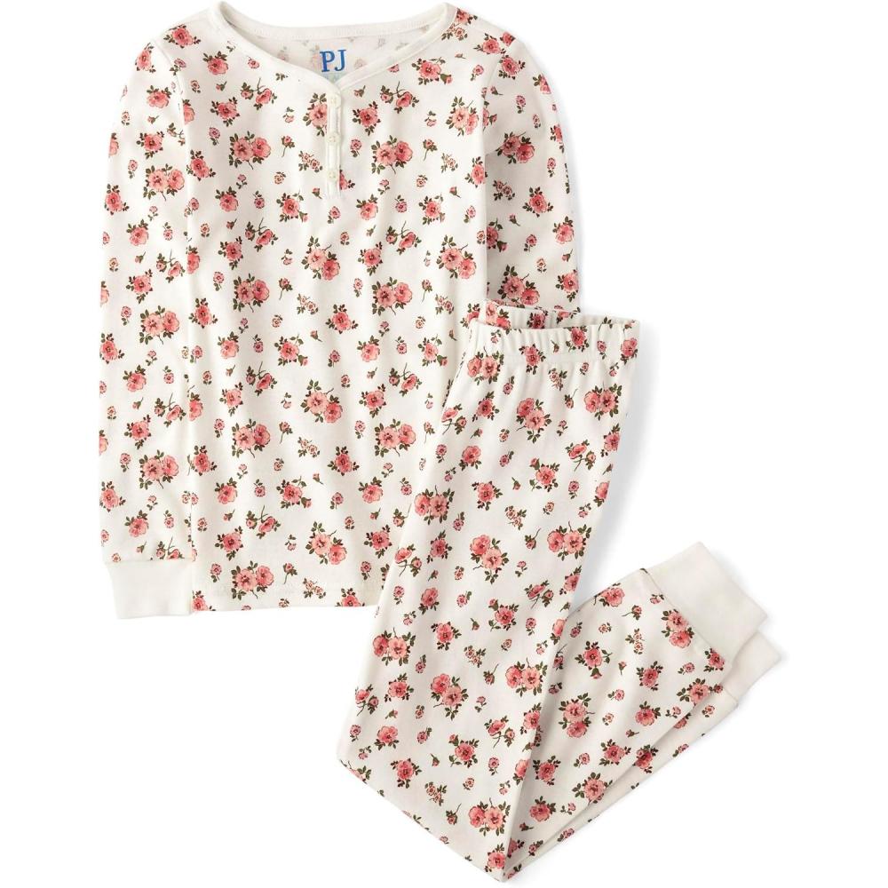 imageThe Childrens Place Girls Long Sleeve Top and Pants Pajama SetsWhite Daisy Henley