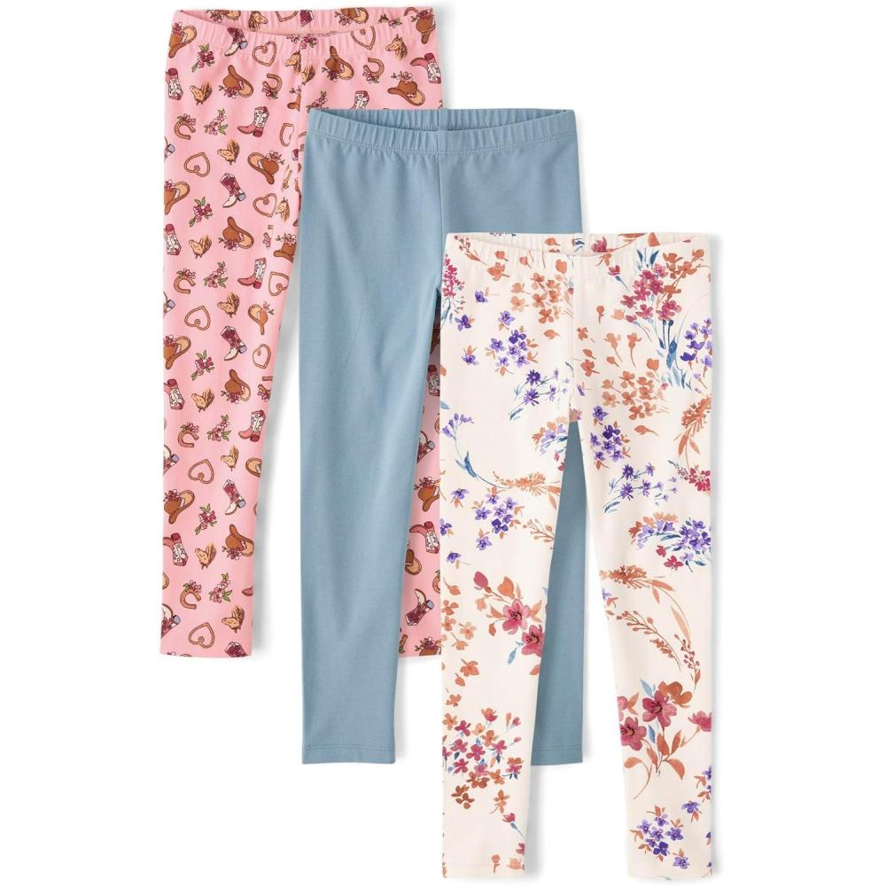 imageThe Childrens Place Girls Printed Leggings 2PackPink HeartsBlueFloral 3pack
