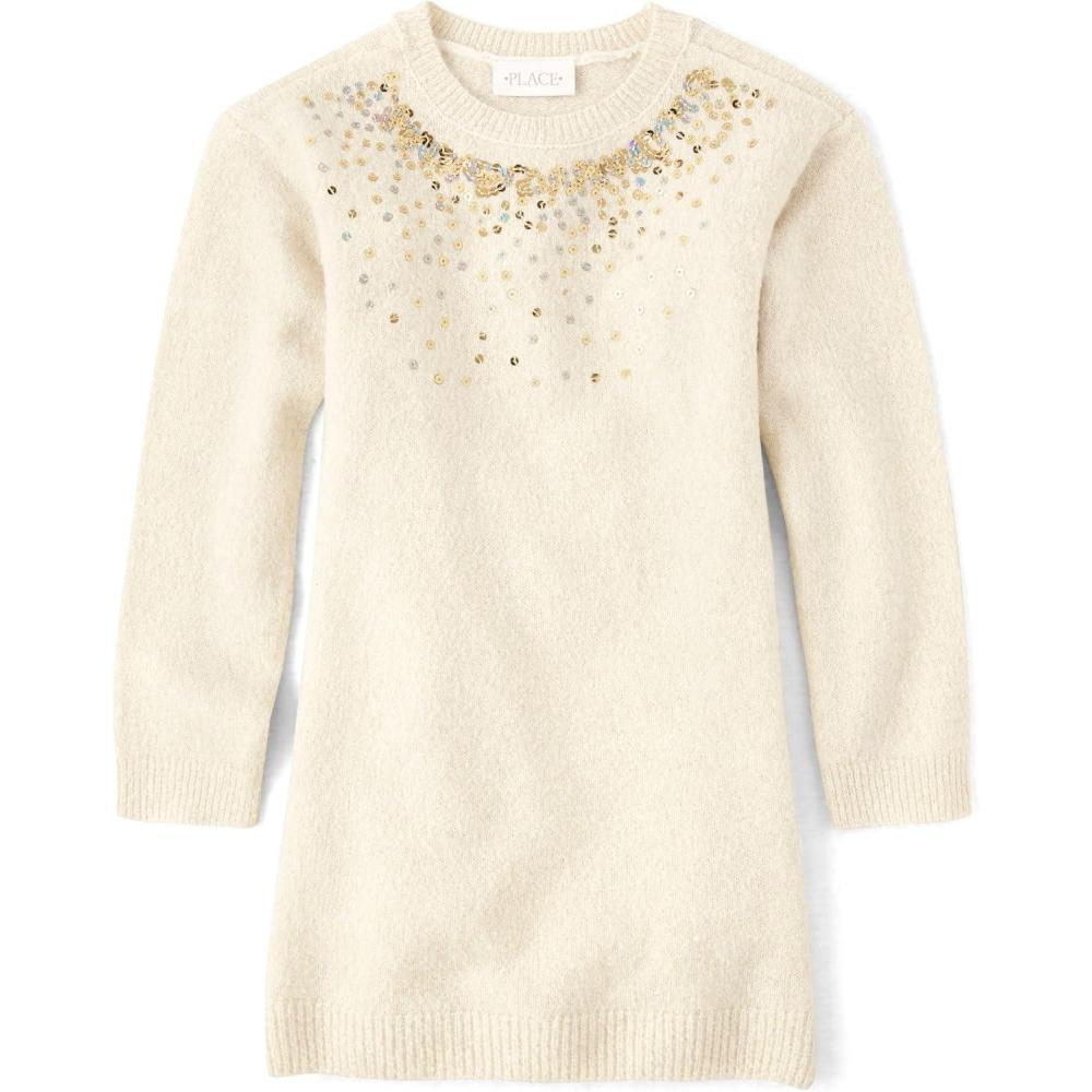 imageThe Childrens Place Girls Puff Sleeve Dress Long SleeveBeaded White Daisy