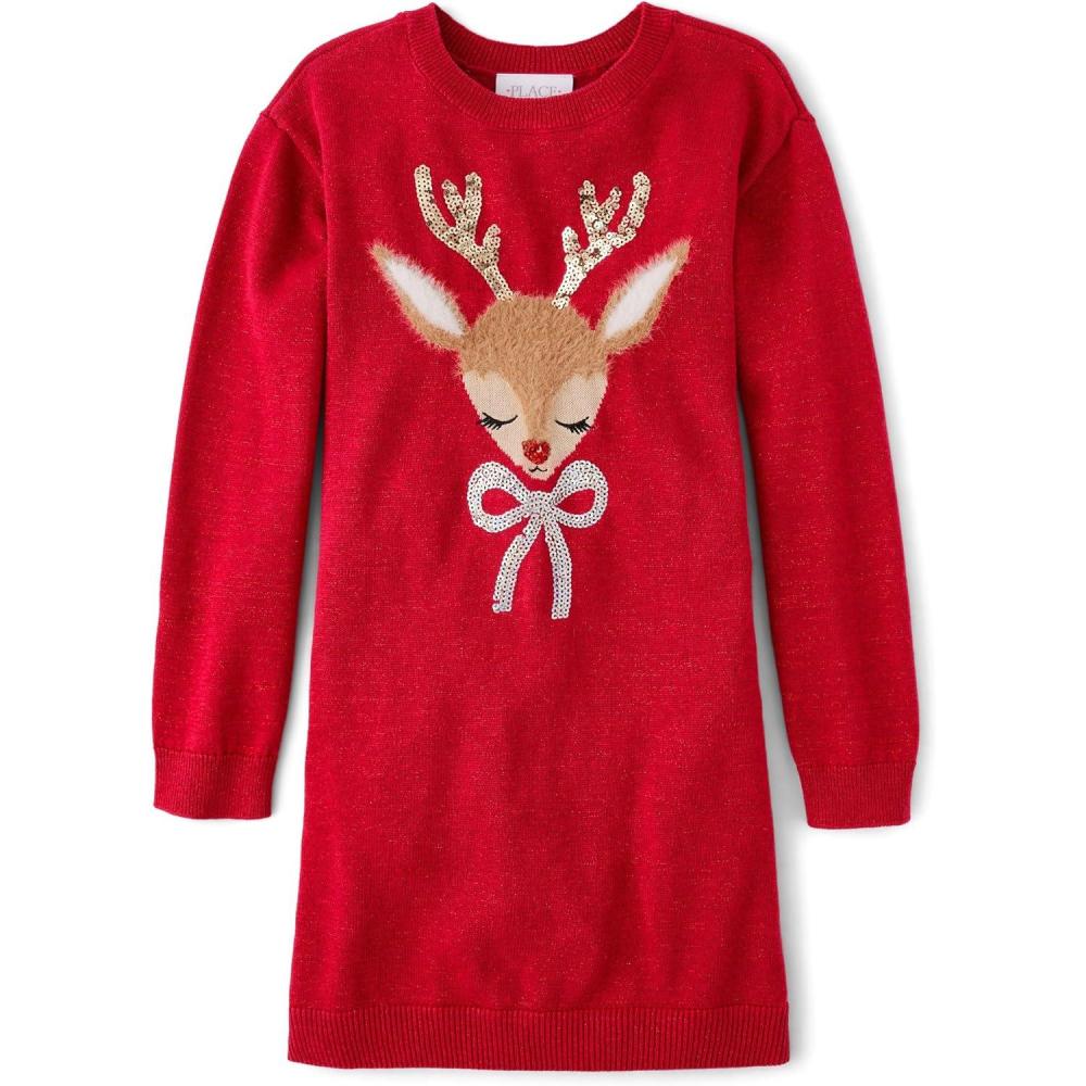 imageThe Childrens Place Girls Puff Sleeve Dress Long SleeveClassic Red Reindeer