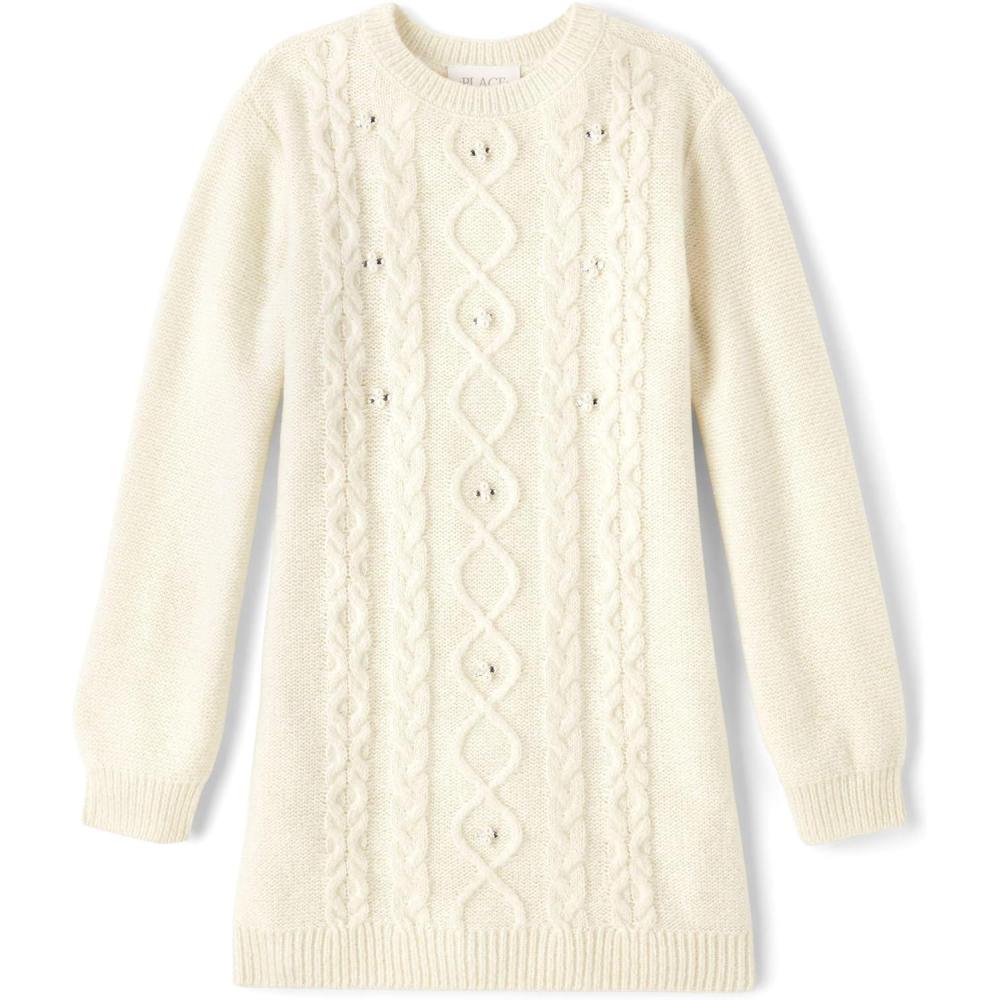 imageThe Childrens Place Girls Puff Sleeve Dress Long SleeveWhite Cable Knit