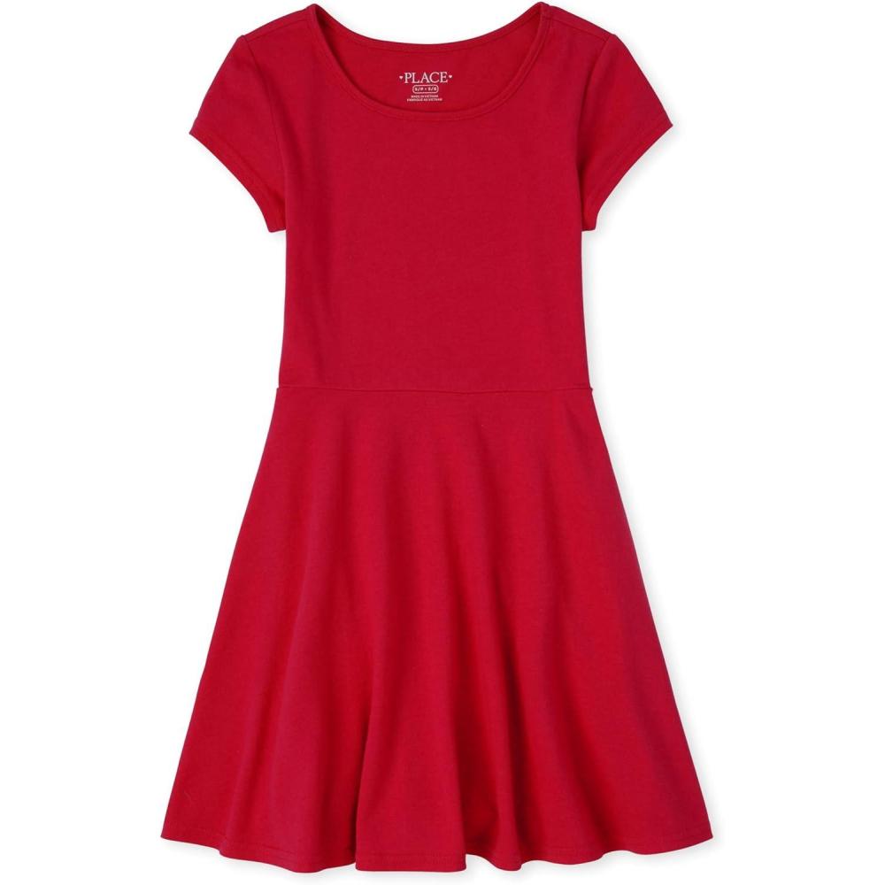 imageThe Childrens Place Girls Short Sleeve Basic Skater Dress 2 PackRuby 1pack