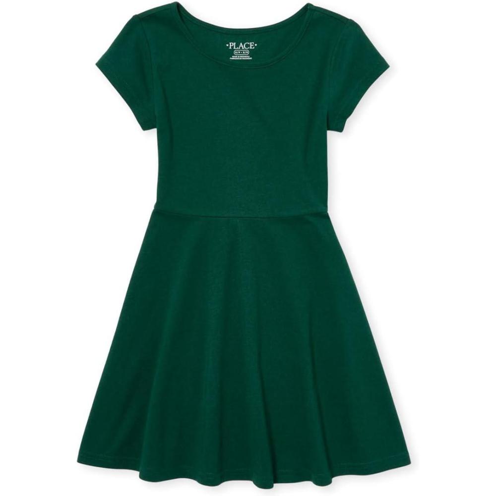 imageThe Childrens Place Girls Short Sleeve Basic Skater Dress 2 PackSpruce Green Single