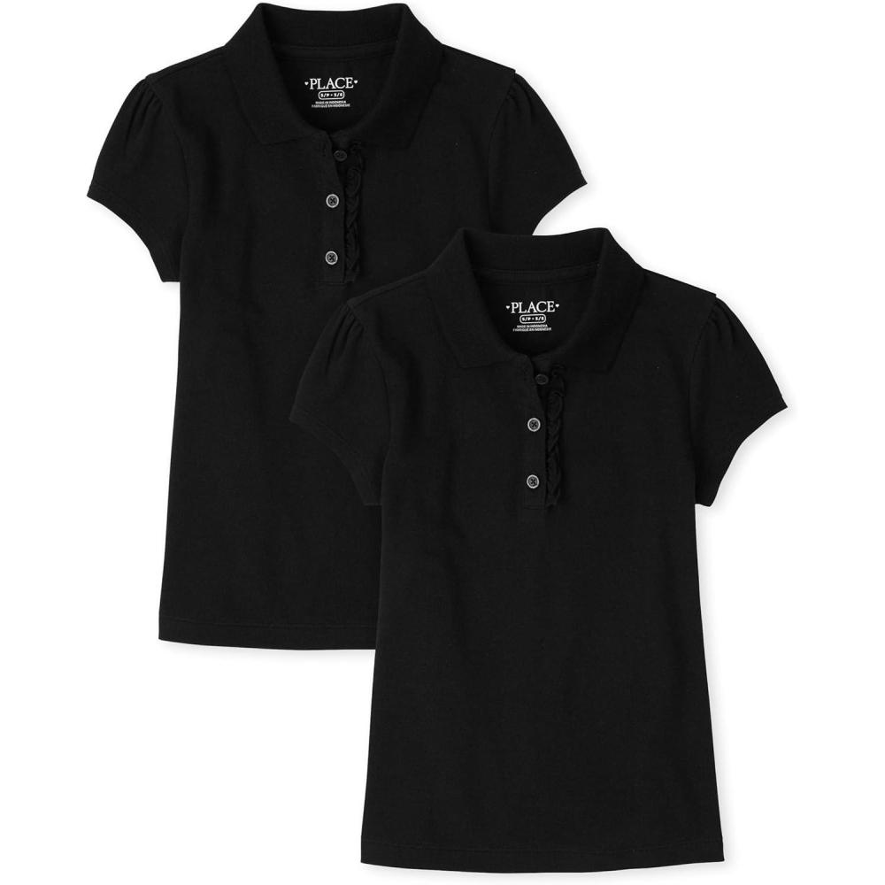 imageThe Childrens Place Girls Short Sleeve Ruffle Pique Polo 2 PackBlack