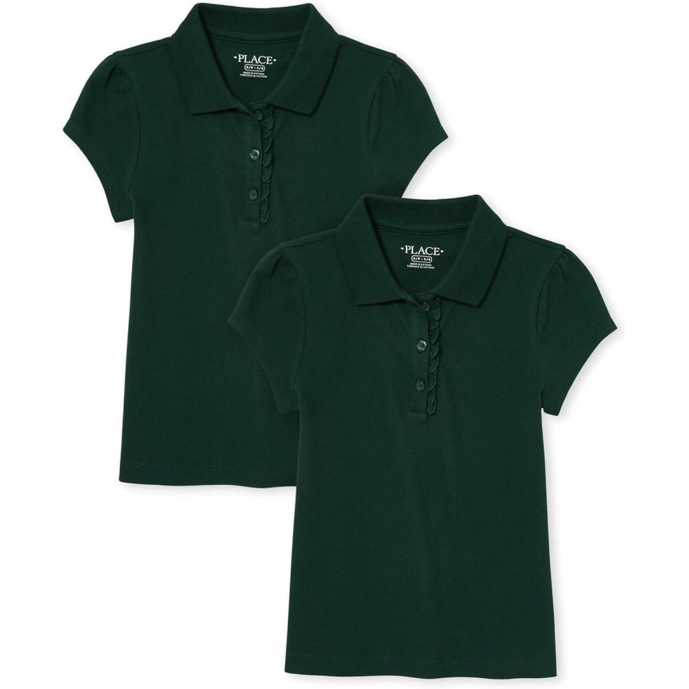 imageThe Childrens Place Girls Short Sleeve Ruffle Pique Polo 2 PackSpruce Green