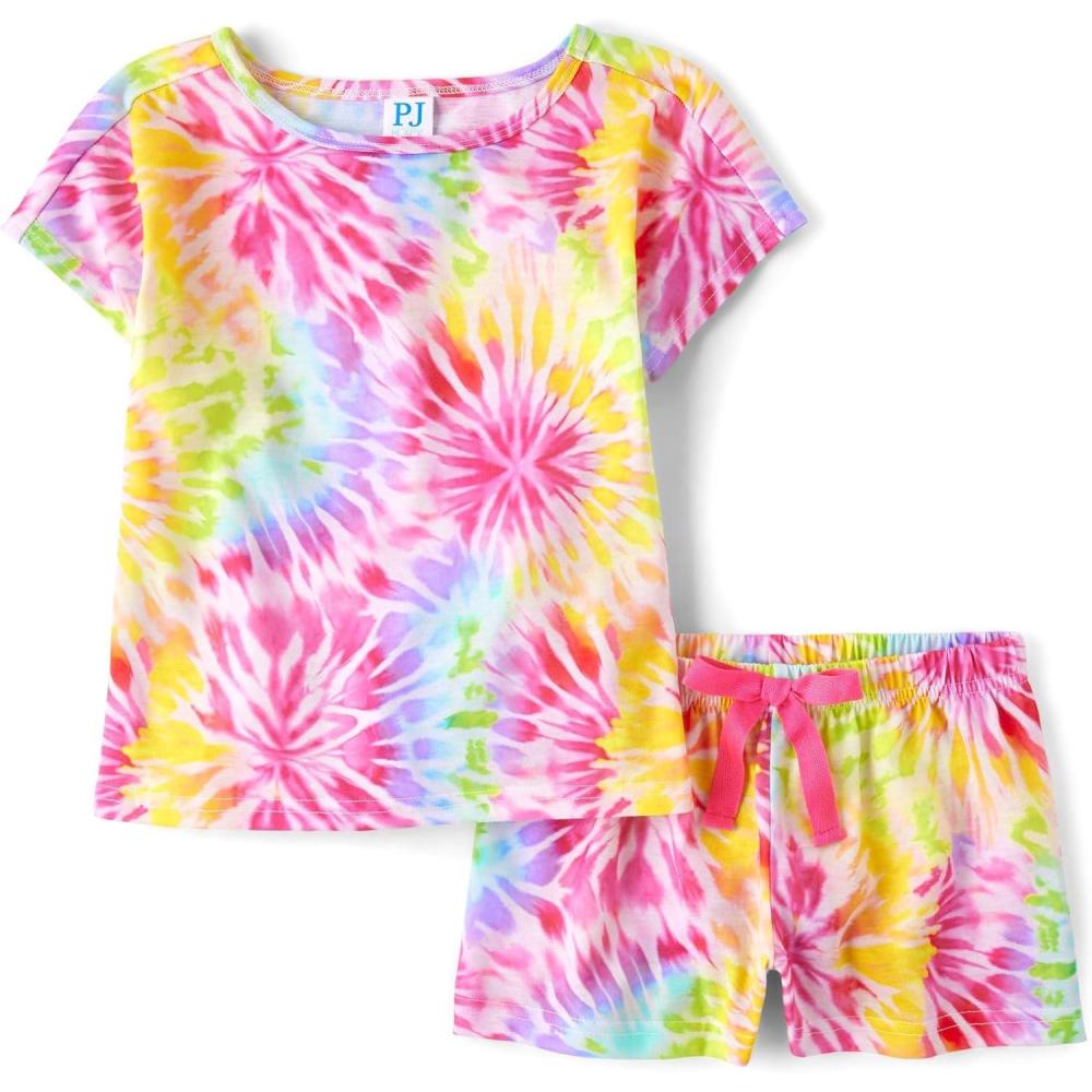 imageThe Childrens Place Girls Sleeve Top and Shorts 2 Piece Pajama SetNeon Tie Dye