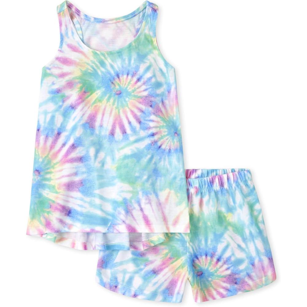 imageThe Childrens Place Girls Sleeveless Tank Top and Short 2 Piece Pajama SetWhite Spiral