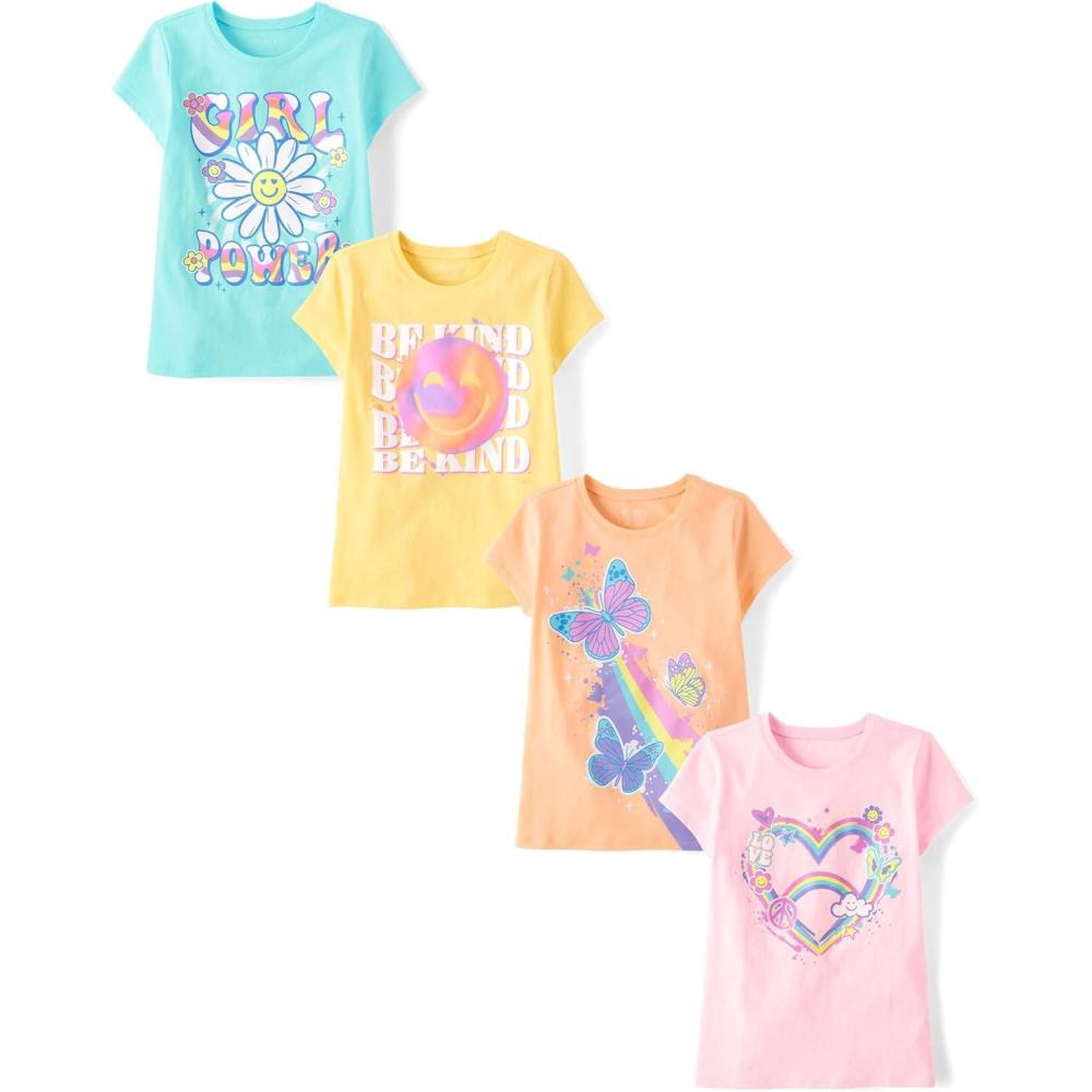imageThe Childrens Place Girls TrendsIcons Short Sleeve Graphic TShirts4 PackHeartBe KindGirl PowerButterflies