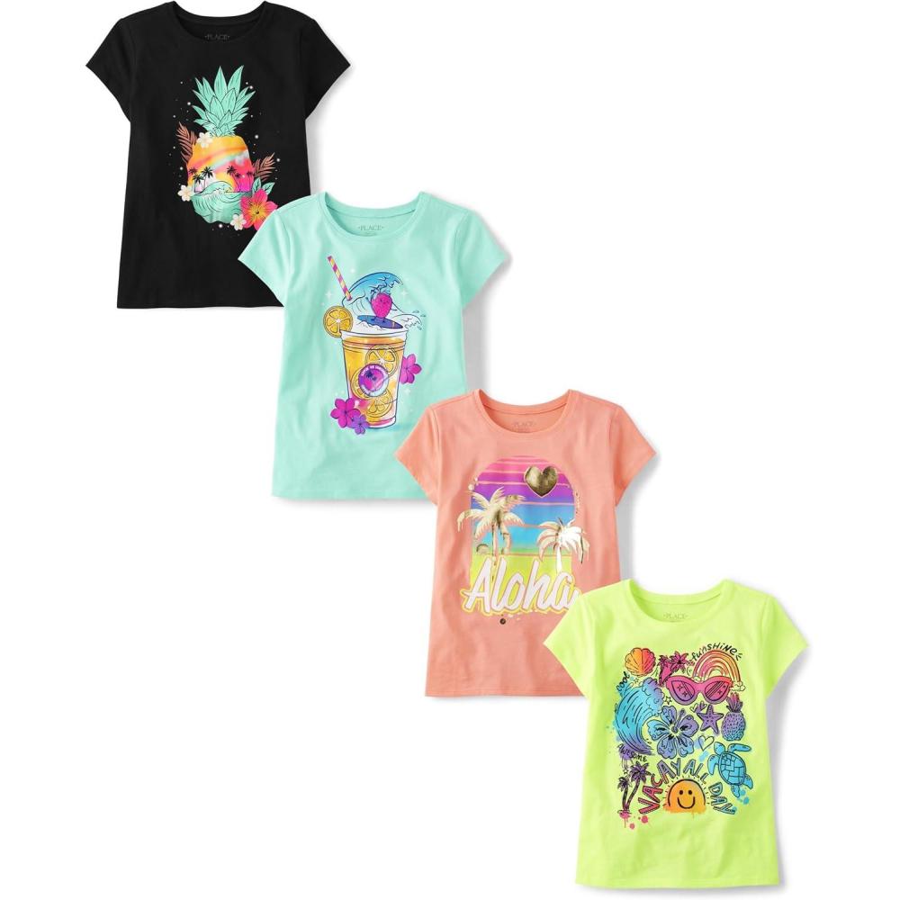 imageThe Childrens Place Girls TrendsIcons Short Sleeve Graphic TShirts4 PackPineappleDrinkVacayAloha