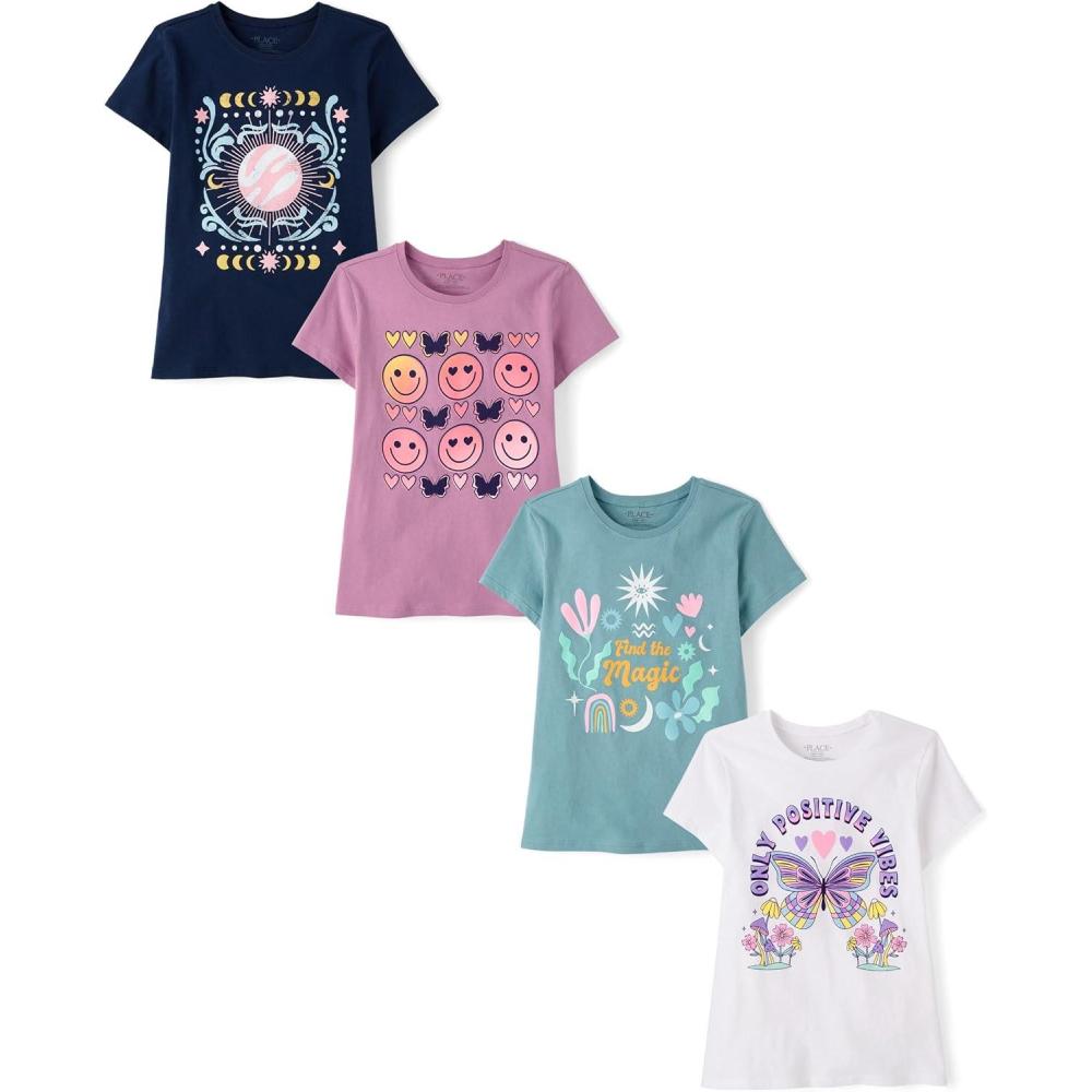 imageThe Childrens Place Girls TrendsIcons Short Sleeve Graphic TShirts4 PackPlanetButtefliesMagicPostive Vibes