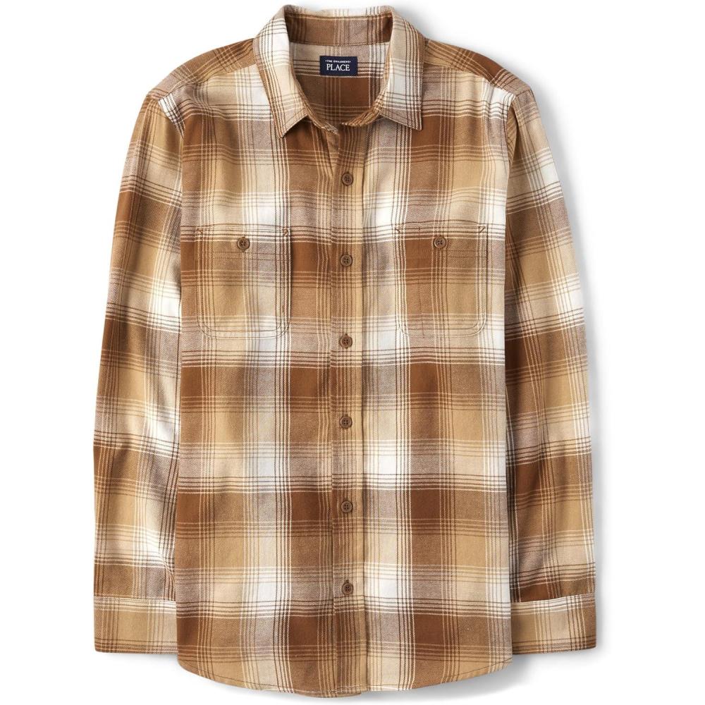 imageThe Childrens Place Mens Long Sleeve Flannel Button Up Shirt Buffalo PlaidCream Plaid