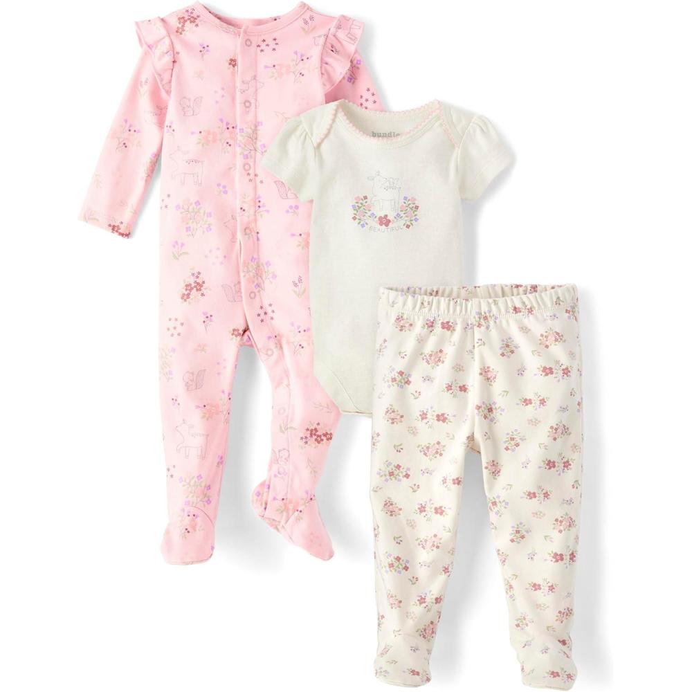 imageThe Childrens Place Unisex Baby And Newborn 100 Cotton Take Me Home 3piece Long Short Sleeve Bodysuit and PantRose Mist