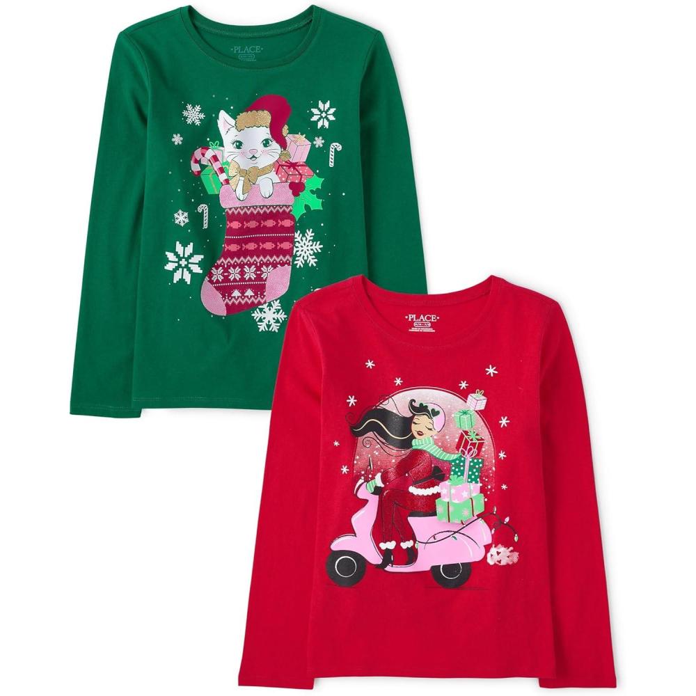 imageThe Childrens Place UnisexChild All HolidaysBirthdays Long Sleeve Graphic TShirts2 PackCat StockingGirl Presents