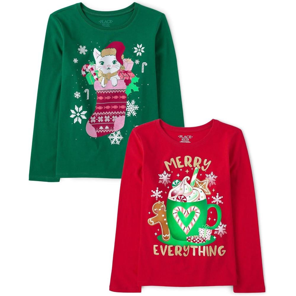 imageThe Childrens Place UnisexChild All HolidaysBirthdays Long Sleeve Graphic TShirts2 PackMerry EverythingCat Stocking
