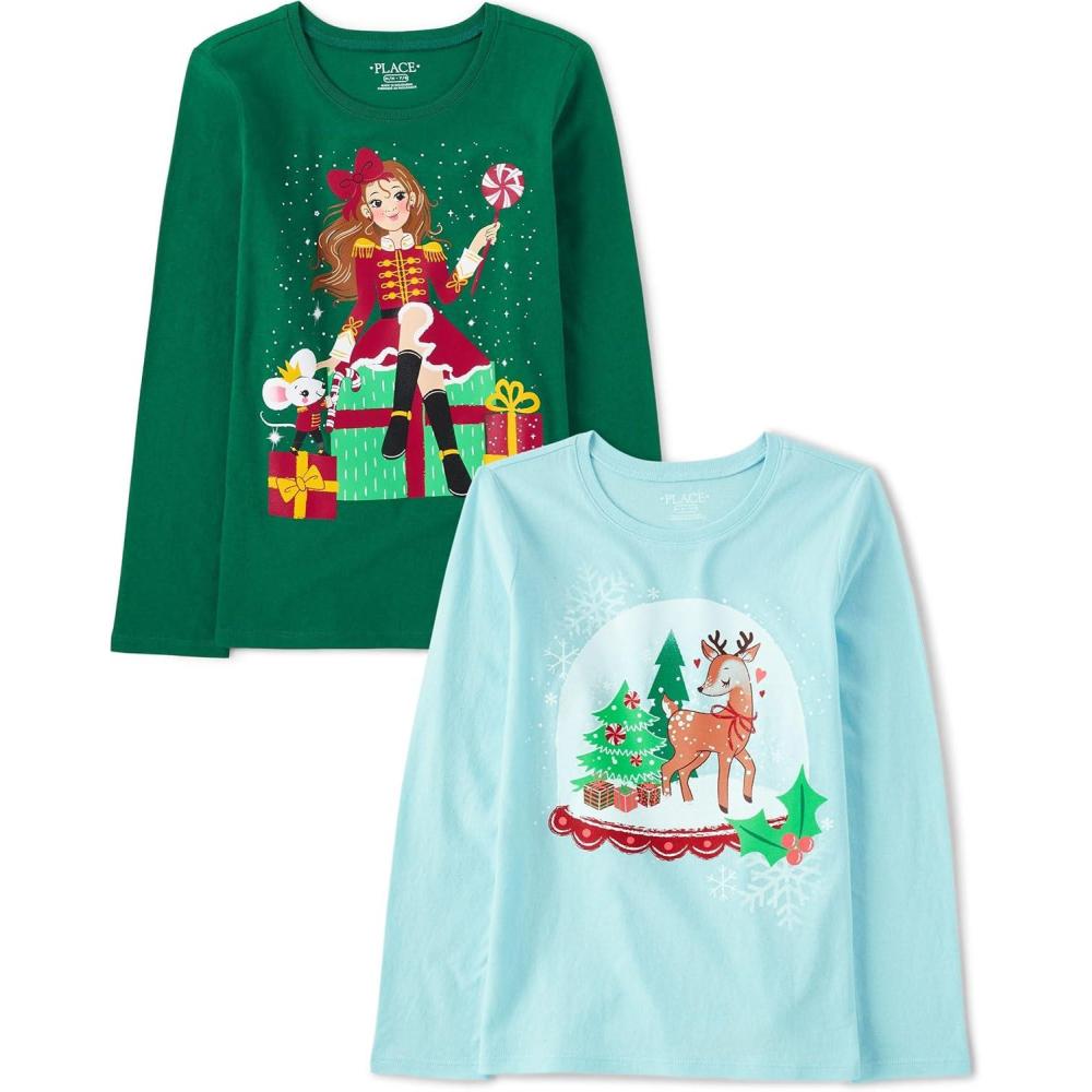 imageThe Childrens Place UnisexChild All HolidaysBirthdays Long Sleeve Graphic TShirts2 PackNutcracker GirlSnowglobe
