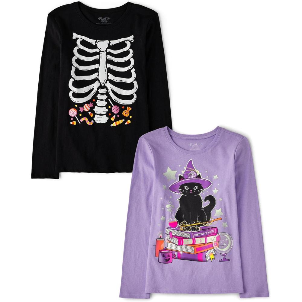 imageThe Childrens Place UnisexChild All HolidaysBirthdays Long Sleeve Graphic TShirts2 PackSkeleton CandyWitch Cat