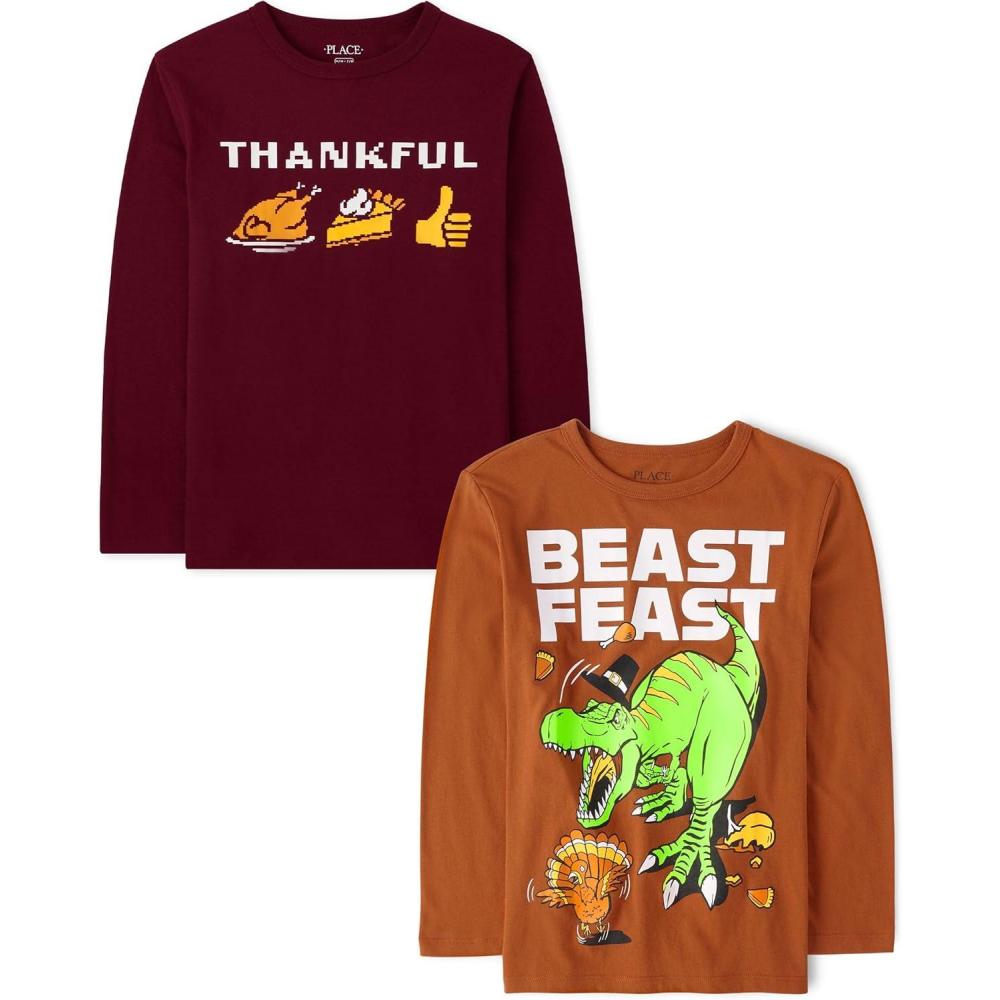 imageThe Childrens Place UnisexChild All HolidaysBirthdays Long Sleeve Graphic TShirts2 PackThankful IconsBeast Feast