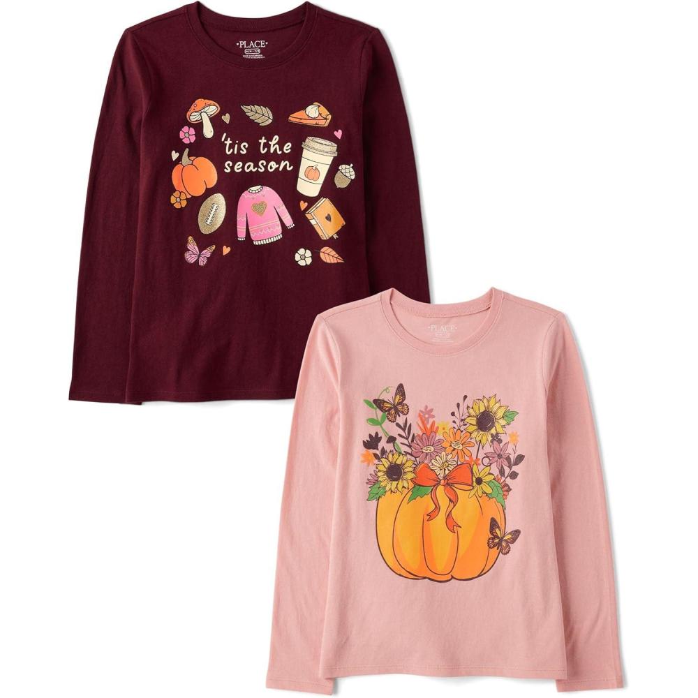 imageThe Childrens Place UnisexChild All HolidaysBirthdays Long Sleeve Graphic TShirts2 PackTis the Season Floral Pumpkin