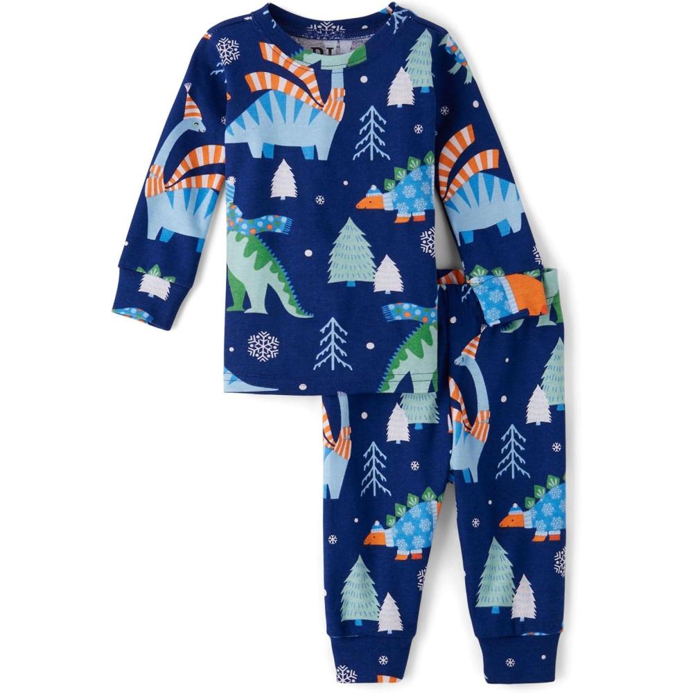 imageThe Childrens Place baby boys Button Long Sleeve Top and Pants Snug Fit 100 Cotton 2 Piece Pajama SetDownpour Dinosaurs