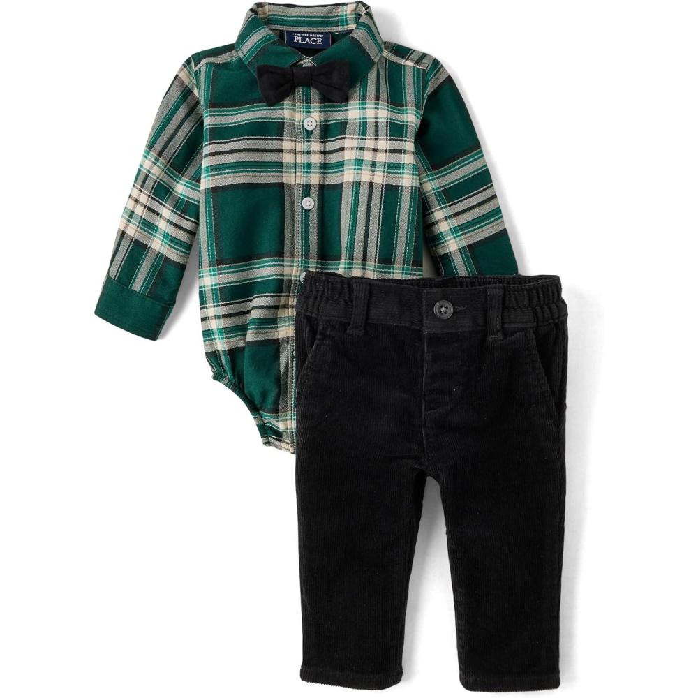 imageThe Childrens Place babyboys And Newborn Button Down Shirt and Pants 2 Piece OutfitBalt Green Plaid