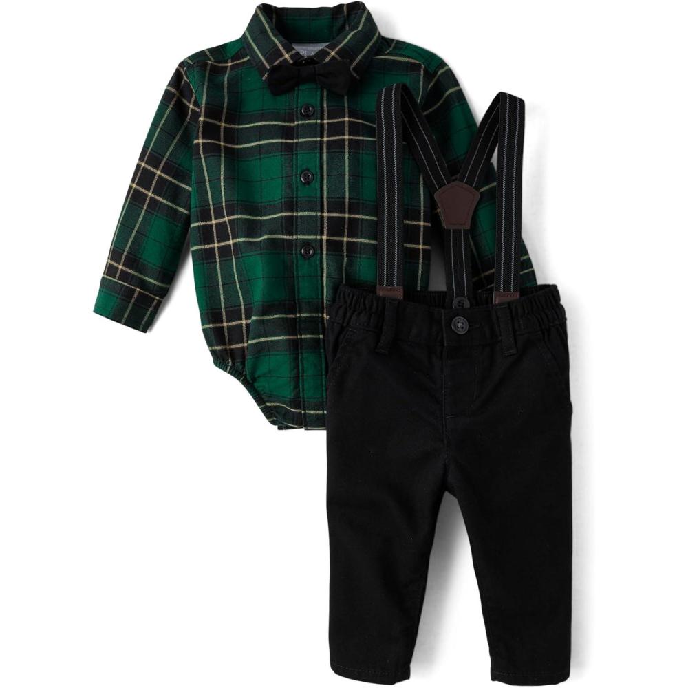 imageThe Childrens Place babyboys And Newborn Button Down Shirt and Pants 2 Piece OutfitGreen Plaid Set