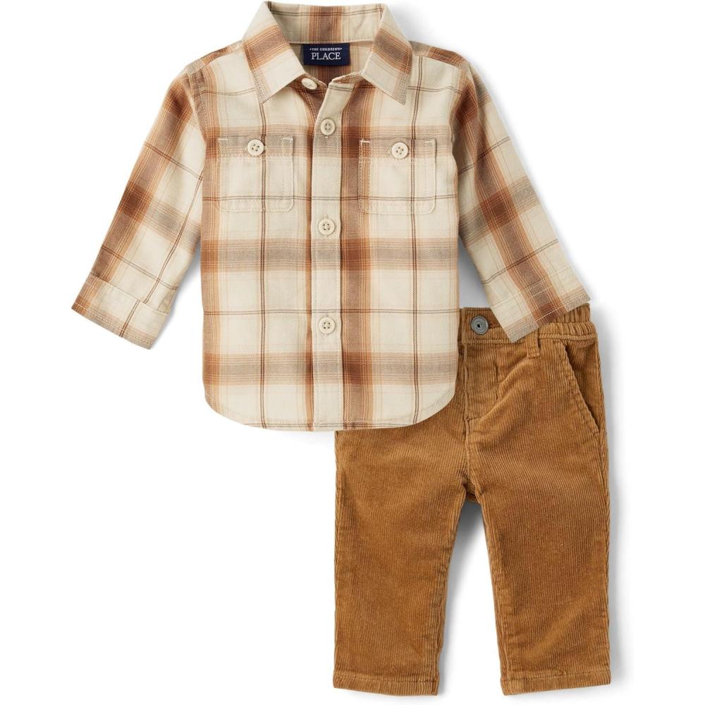 imageThe Childrens Place babyboys And Newborn Button Down Shirt and Pants 2 Piece OutfitIced Coffee Flannel