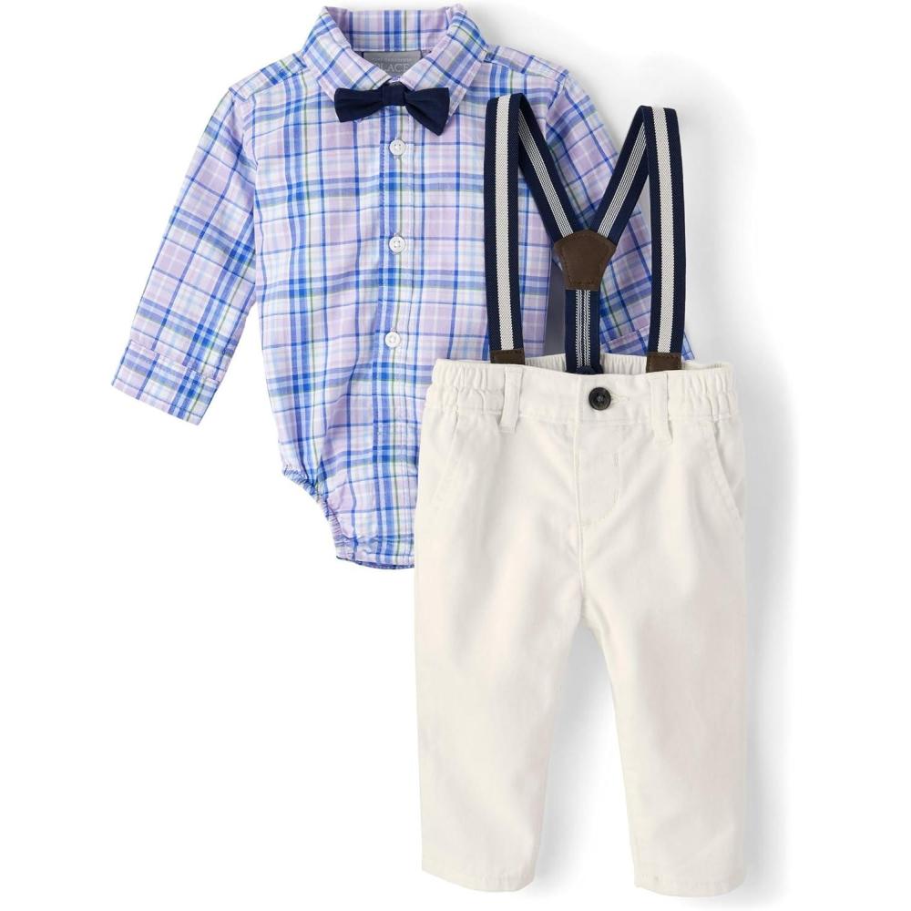 imageThe Childrens Place babyboys And Newborn Button Down Shirt and Pants 2 Piece OutfitPetal Purple Plaid