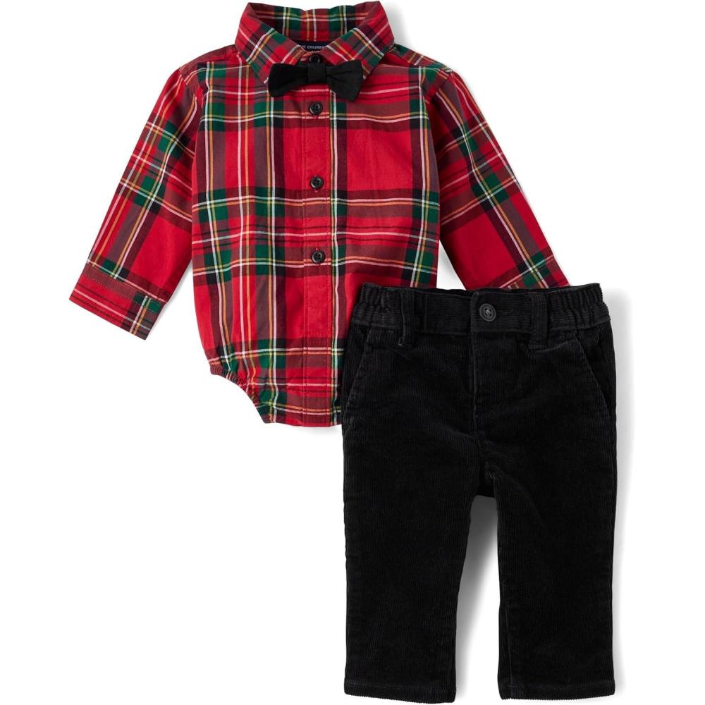 imageThe Childrens Place babyboys And Newborn Button Down Shirt and Pants 2 Piece OutfitRed Tartan