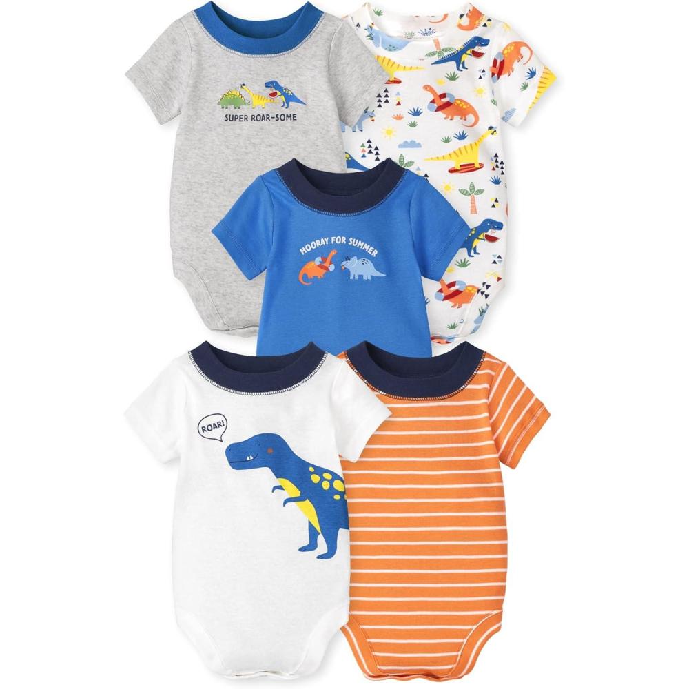 imageThe Childrens Place babyboys And Newborn Short Sleeve Bodysuits MultipacksDinosStripe 5pack