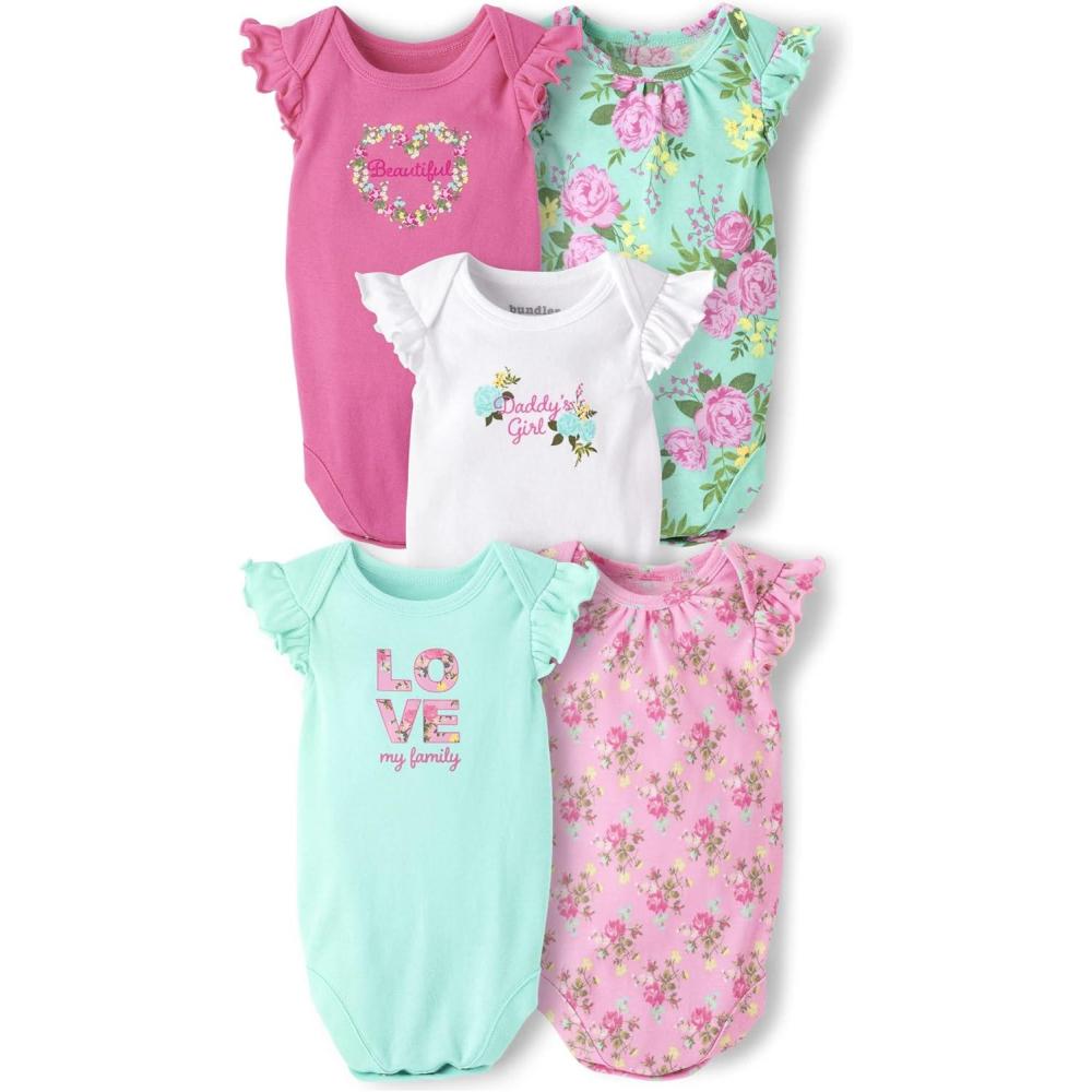 imageThe Childrens Place babyboys And Newborn Short Sleeve Bodysuits MultipacksRose Floral 5pack